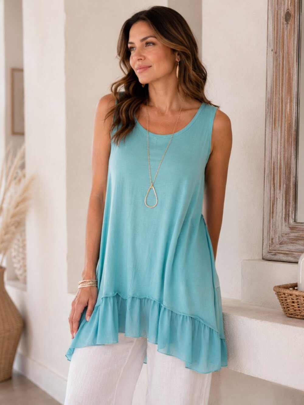 LOGO Layers Lori Goldstein Tank Womens 1X Teal Chiffon Ruffle Hem Rayon Tunic
